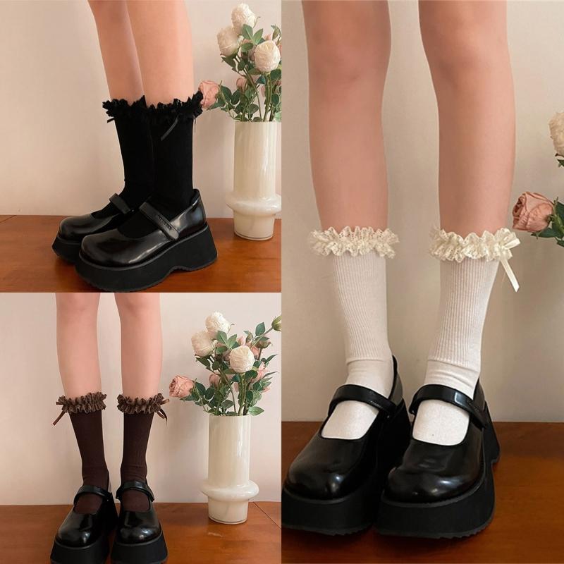 1 Pair Ruffle Ankle Socks Sweet Frilly Socks Ballet Socks for Girls with Bows Lace Top Sock Princess Style Dress Socks