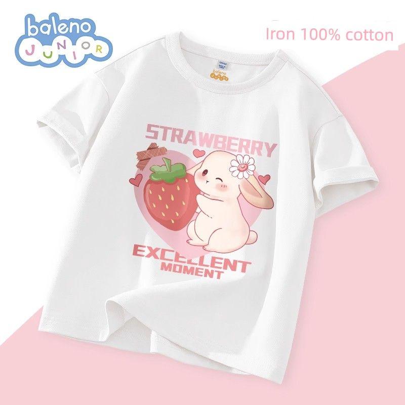 Baleno Children s Clothing Girls Short-Sleeve T-Shirt 2026 New Summer Children s Pure Cotton Thin Summer Wear for Little Girls Half-Sleeve White/Tb Strawberry Rabbit 120