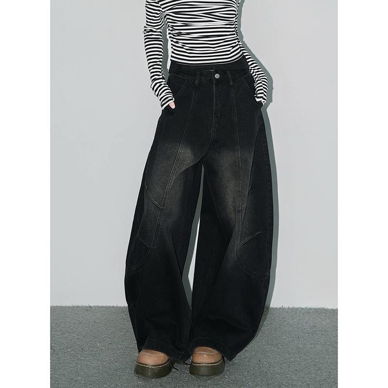 

Women s High-Waisted Black Retro Washed Denim Curved-Leg Pants for Autumn - New Arrival, Floor-Length, Pear-Shaped Fit Medium чёрный