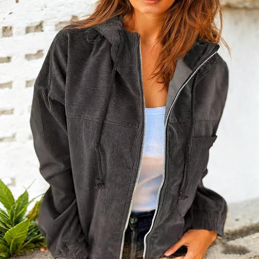 Veste de couleur ample et confortable pour femme Veste à capuche en velours côtelé à manches longues