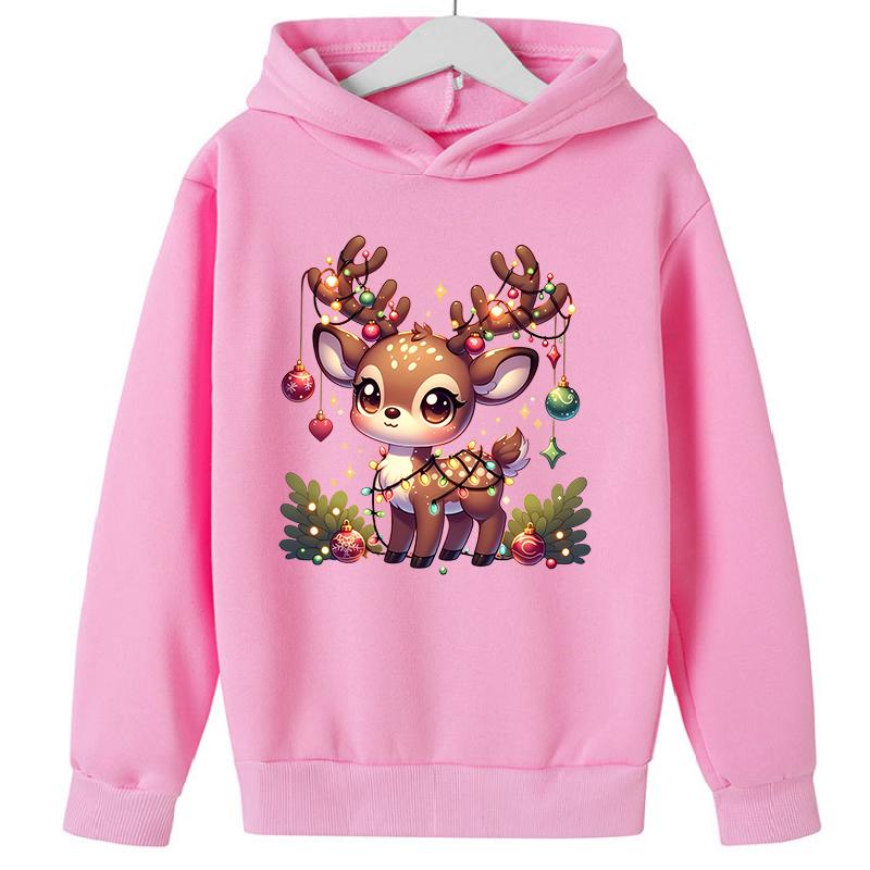 2025 Popular Christmas Casual Round Neck Reindeer Print Children's Hoodie, Long Sleeved Girls' Sportswear, Comfortable and Versatile Top
