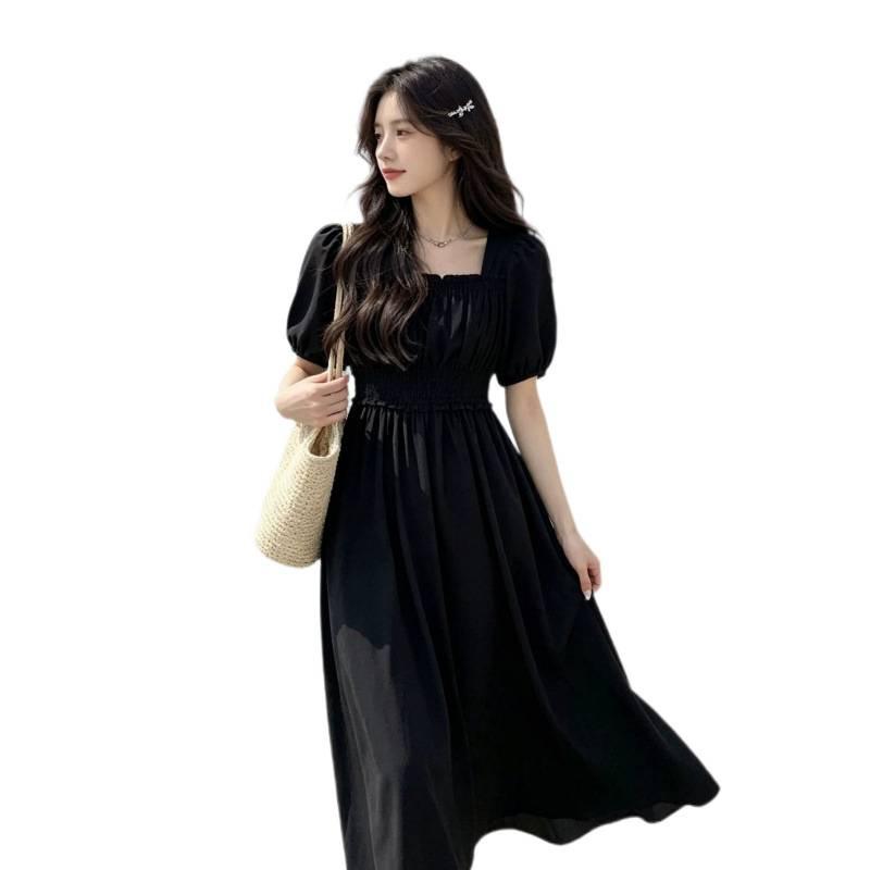 New high-waisted square-neck dress, black temperament gentle big swing skirt, drape waist elastic long dress