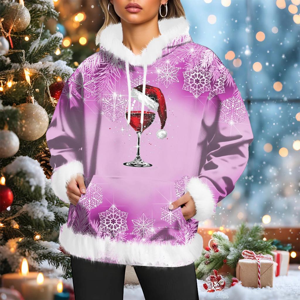 Dámská vánoční ležérní mikina s kapucí podšitá fleecem, s dlouhým rukávem a kapsami