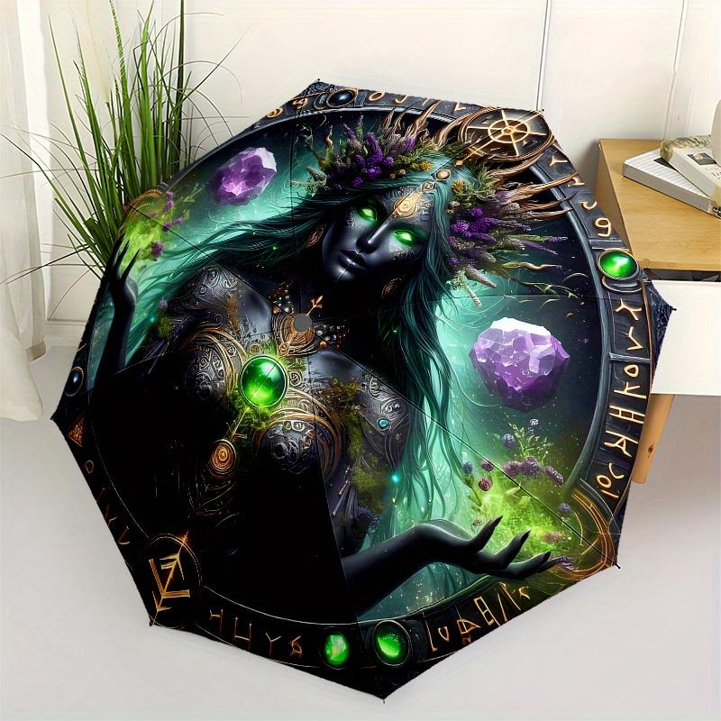 Enchanted Amulet: Green Gemstone Protection CharmUmbrella, Portable 3-Fold Compact Umbrella,Christmas Gift ES663