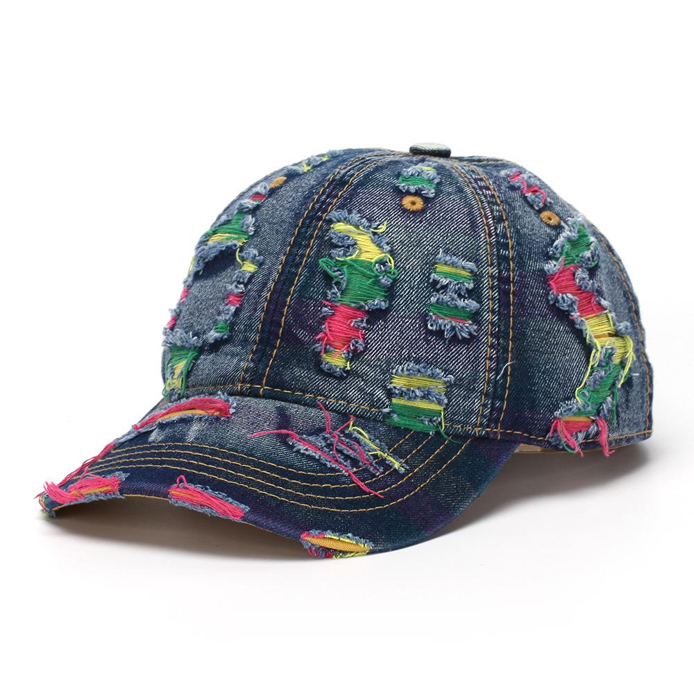 New Style Women Cap Tear Style Hole Vintage Colorful Lines Baseball Caps Female Casual Outdoor Streetwear Denim Hat