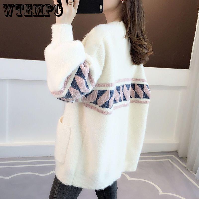 Autumn Winter Knitted Leopard Sweaters Women Korean V Neck Thick Print Cardigan Coat Loose Button Outwear