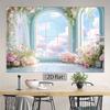 2D Pastel Blue Window Backdrop, Pink Flowers & Cloudy Sky Background