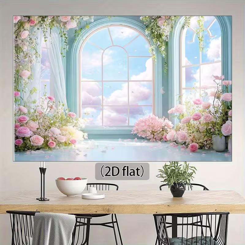

2D Pastel Blue Window Backdrop, Pink Flowers & Cloudy Sky Background 47.2x31.5inch/120*80cm