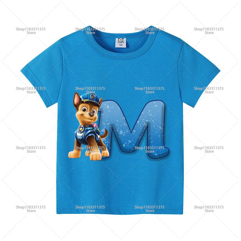 Cute PAW Patrol Blue T-shirt Boys Clothes Letter A-Z Printed Short Sleeve Cartoon Fashion Kids Birthday Toddler Cotton Tops Gift