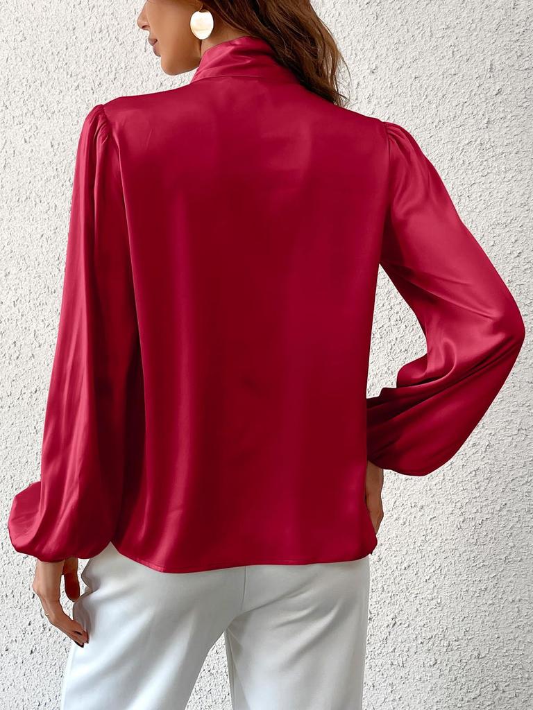 Women's Long Sleeve Satin High Neck Bow Top