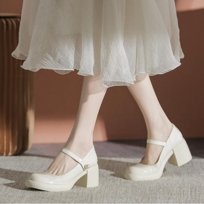 White Chunky Sole Mary Janes - Women's Spring/Autumn 2025 High-Heel Elevating Leather Shoes