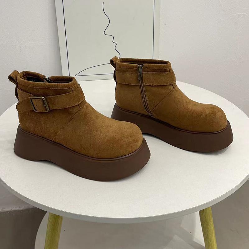 Platform Women Snow Ankle Boots Suede Short Plush Mid Heels Cotton Shoes 2025 Trend Warm Cozy Buckle Winter Designer Botas Mujer