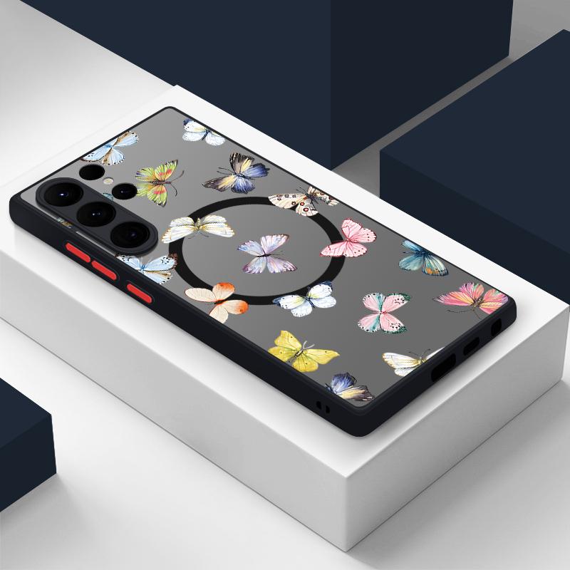 

Красочный принт бабочки для магнитного чехла Magsafe для Samsung S24 S23 S22 Ultra S21 Plus S20 FE, матовый прозрачный противоударный чехол для беспроводной зарядки Samsung S24 чёрный