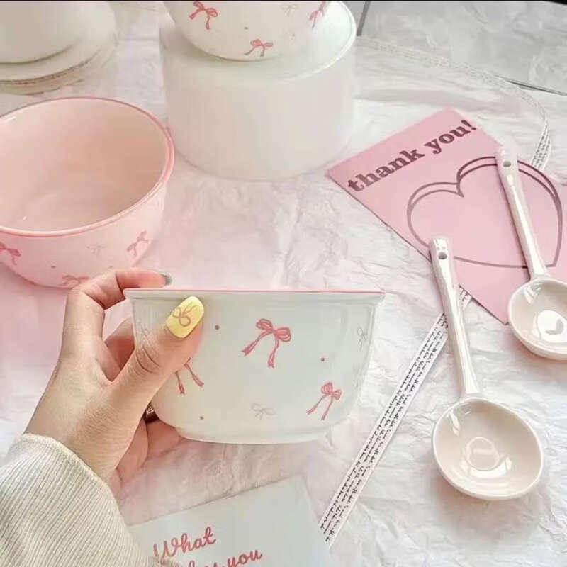 ZISIZ Pink Bow Ceramic Bowl and Spoon Set