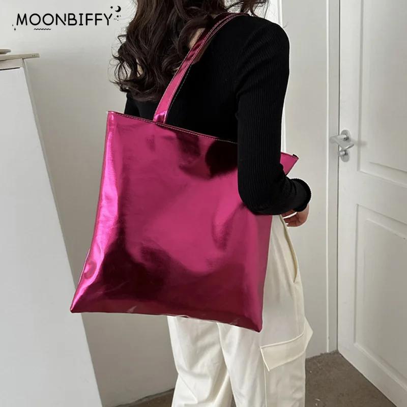 

Women Shopping Shoulder Bag New Chic Large Handbag Simple PU Leather Totes Bags Shiny Casual Female Purse Girls Clutch Party Bag