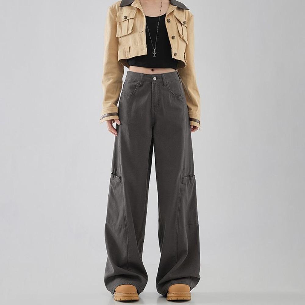 Women s High Waist Cargo Pants Loose Fit Grey Vintage Washed Casual Denim Trousers XS
