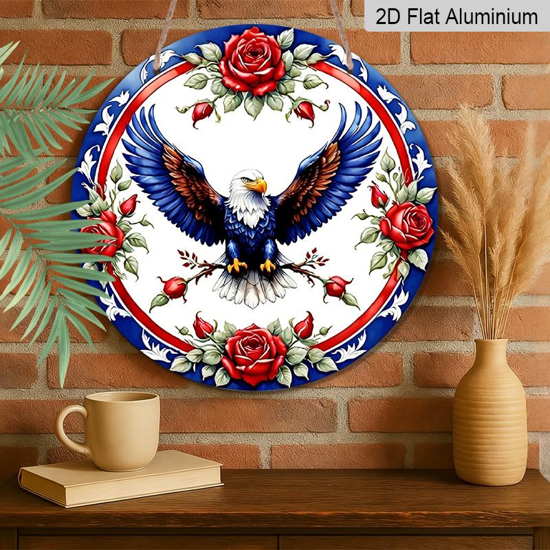 2D Flat, 1pc Blue, Red and White Eagle Garland Sign, Round Metal Aluminum Garland Sign, Patriotic Sign, 4th of July & Memrial Day Decorative