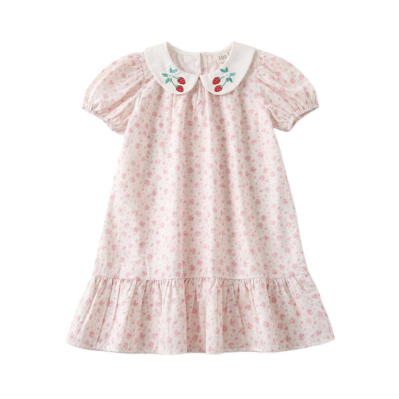 Süßes Peter-Pan-Kragen Blumen-Mädchenkleid Sommer Puffärmel Prinzessin Baumwollkleid Stilvolle Kinderkleidung