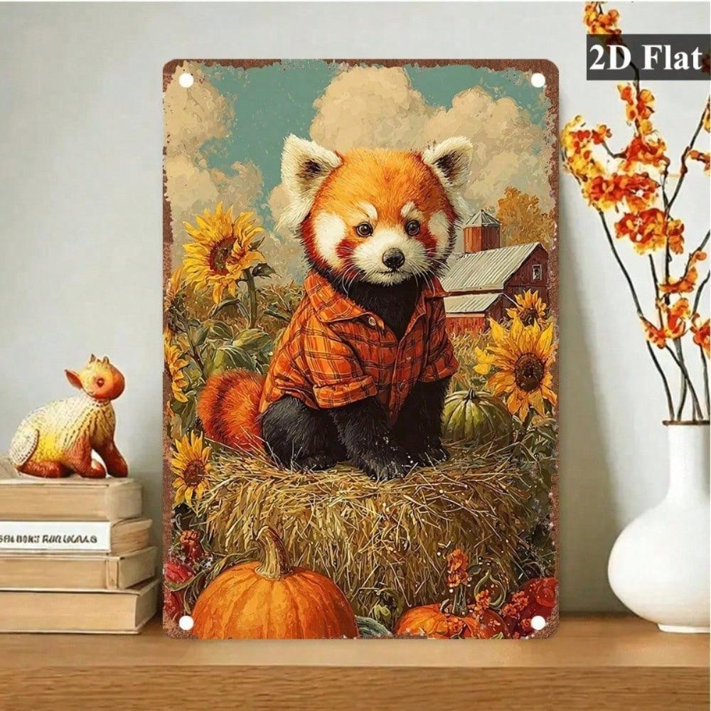 Vintage Red Panda Metal Sign, Cute Checkered Shirt Animal Wall Art, Retro Farmhouse Decor for Home Garage Cafe