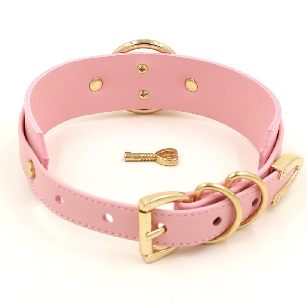 Heart Choker Collar with Padlock and PU Leather Ring, (Pink & Gold)