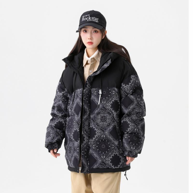 

Letter graffiti print contrast youth fashion warm jacket 2025 winter new hooded white duck down jacket trendy cotton clothes 3XL чёрный