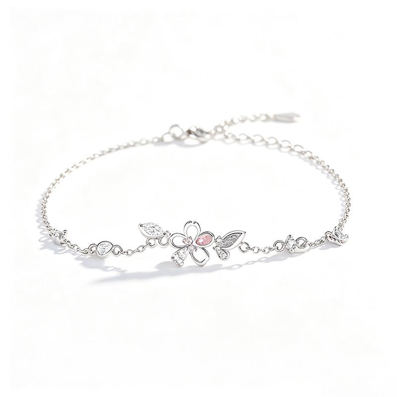 S925 Sterling Silver Cherry Blossom & Butterfly Bracelet for Women - Light Luxury Pink Series - Romantic Holiday Gift