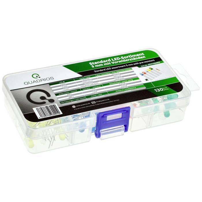 Quadrios Assortiment de LEDs rouge, vert, jaune, bleu, blanc froid, blanc chaud 5 mm 20 mA, 30 mA 2 V, 3 V
