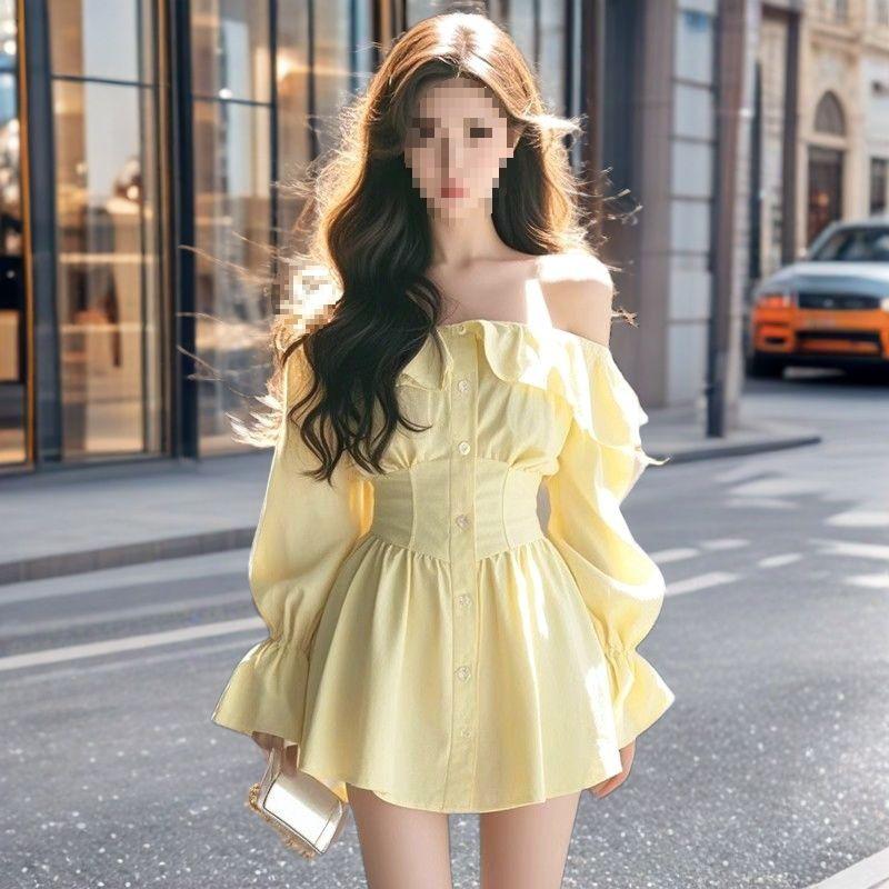

Dopamine Korean-Style One-Shoulder Yellow A-Line Dress: Spring Fashion, Waist-Cinched, Sexy Socialite Look 3XL