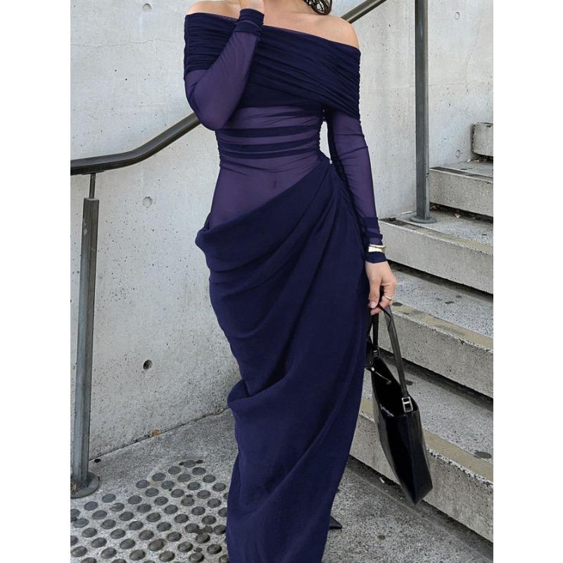 Elegant Off-shoulder Long-sleeved Mesh Long Skirt for Women Autumn and Winter One-shoulder Slim High-waisted Dress