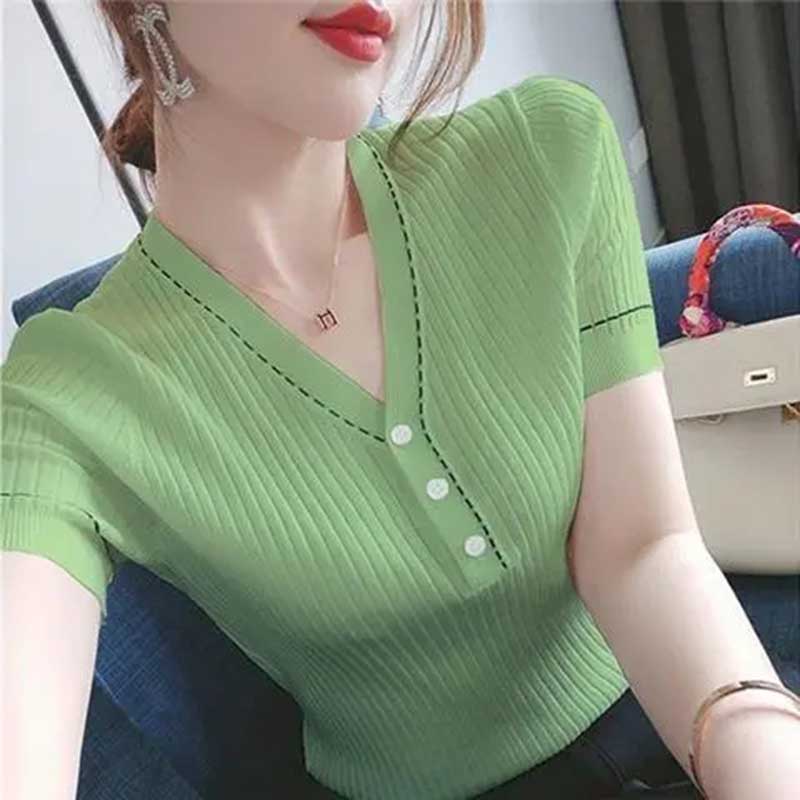 Ice Silk V-Neck Short Sleeve T-Shirt Simple Versatile Slim Fit Thin Button Splicing Knit Sweater Top Thin Section
