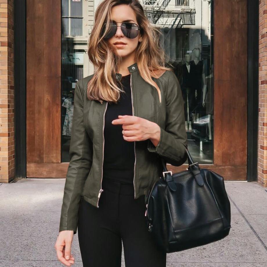 Dames Lente en Herfst Slim Effen Kleur Jas Opstaande Kraag Plus Size PU Leer Vrije Tijd Comfortabel Ritsjack