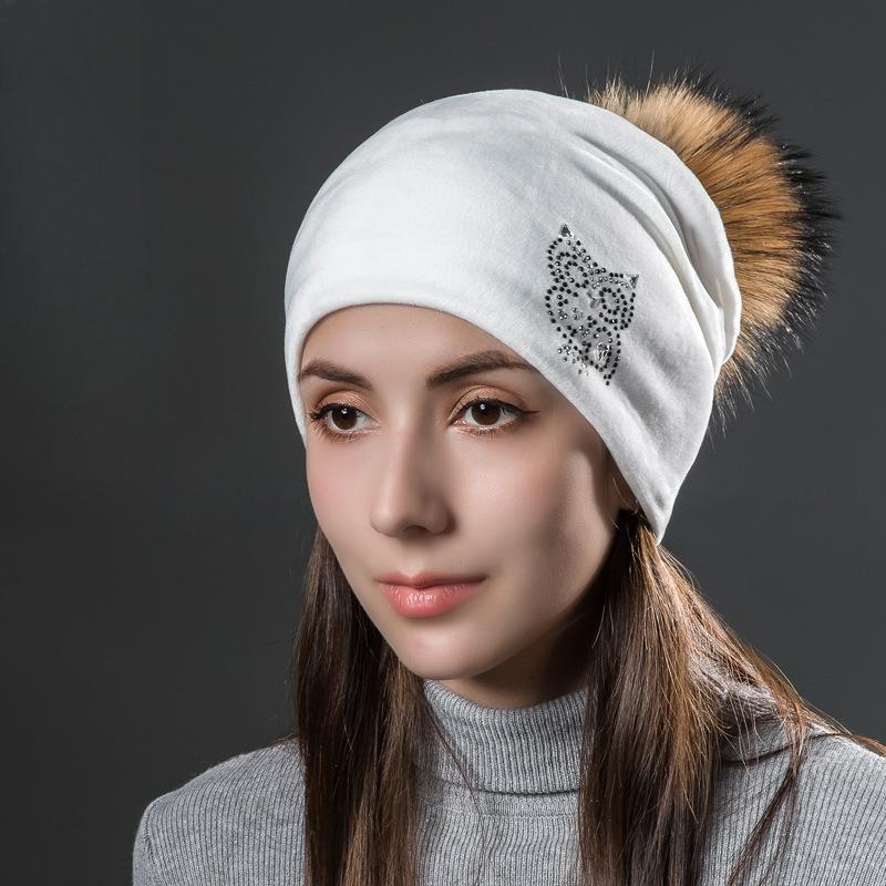 Owl Rhinestones Hats For Women Winter Warm Plus Velvet Fashion Caps With Natural Fur Pompoms Female Skullies Beanies