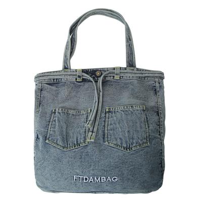 Stylish Denim Tote Bag for Women – Classic Jeans Design with Front Pockets and Embroidered Logo, Perfect for Casual Use