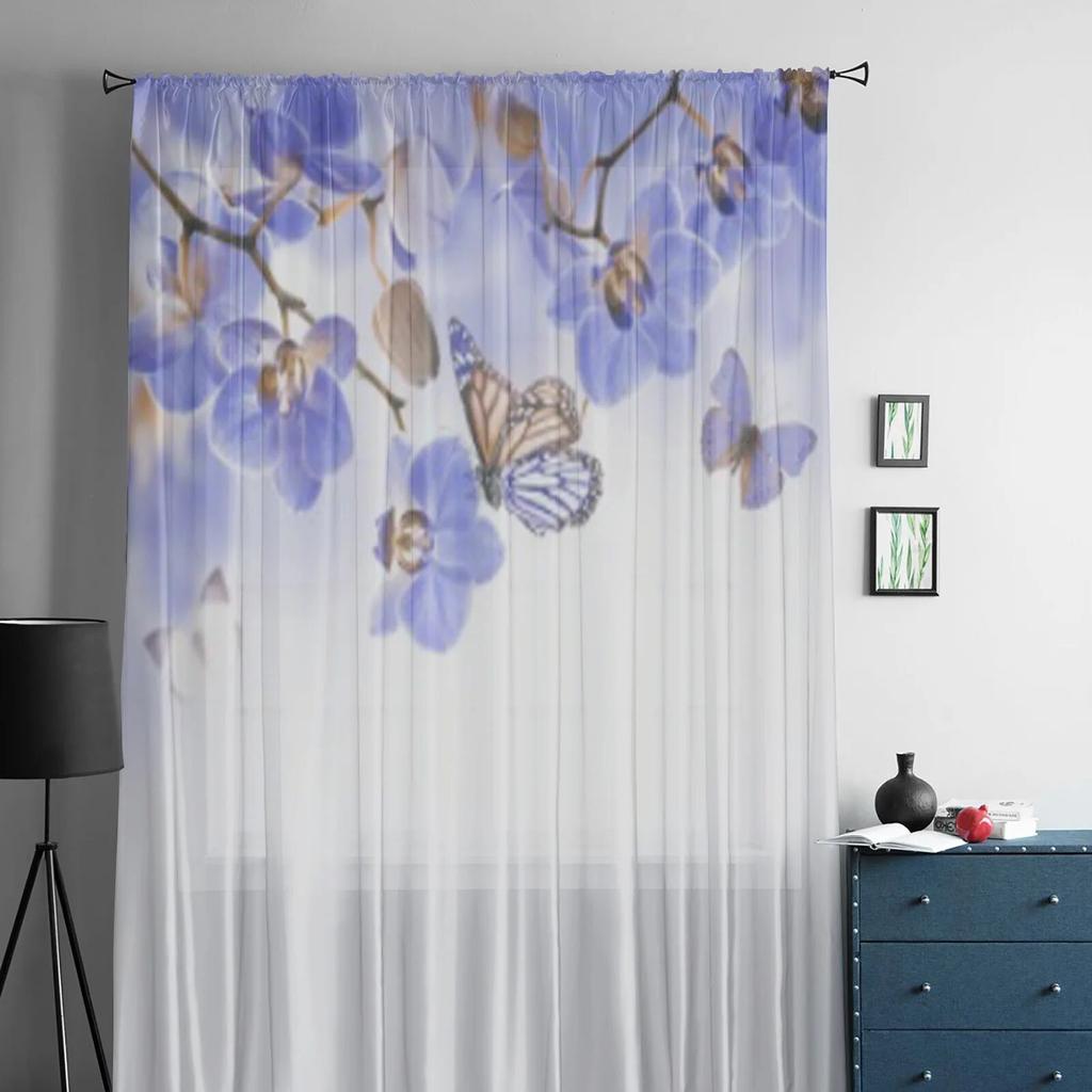 Tropical Orchids Floral And Butterfly Tulle Curtains For Living Room Decoration Modern Veil Chiffon Curtains Bedroom Sheer Voile