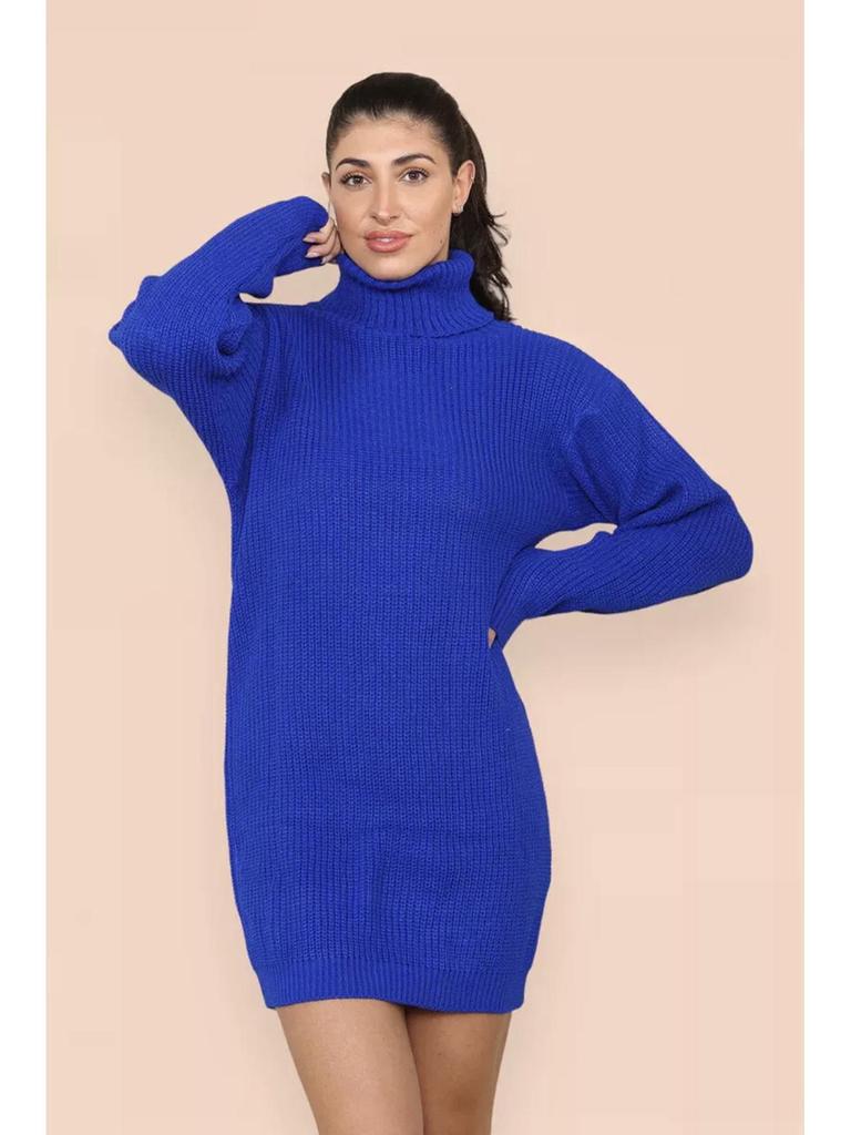 Women's Knitted Turn-Down Collar Sweater Dress - Loose Mid-Length Solid Color Pullover