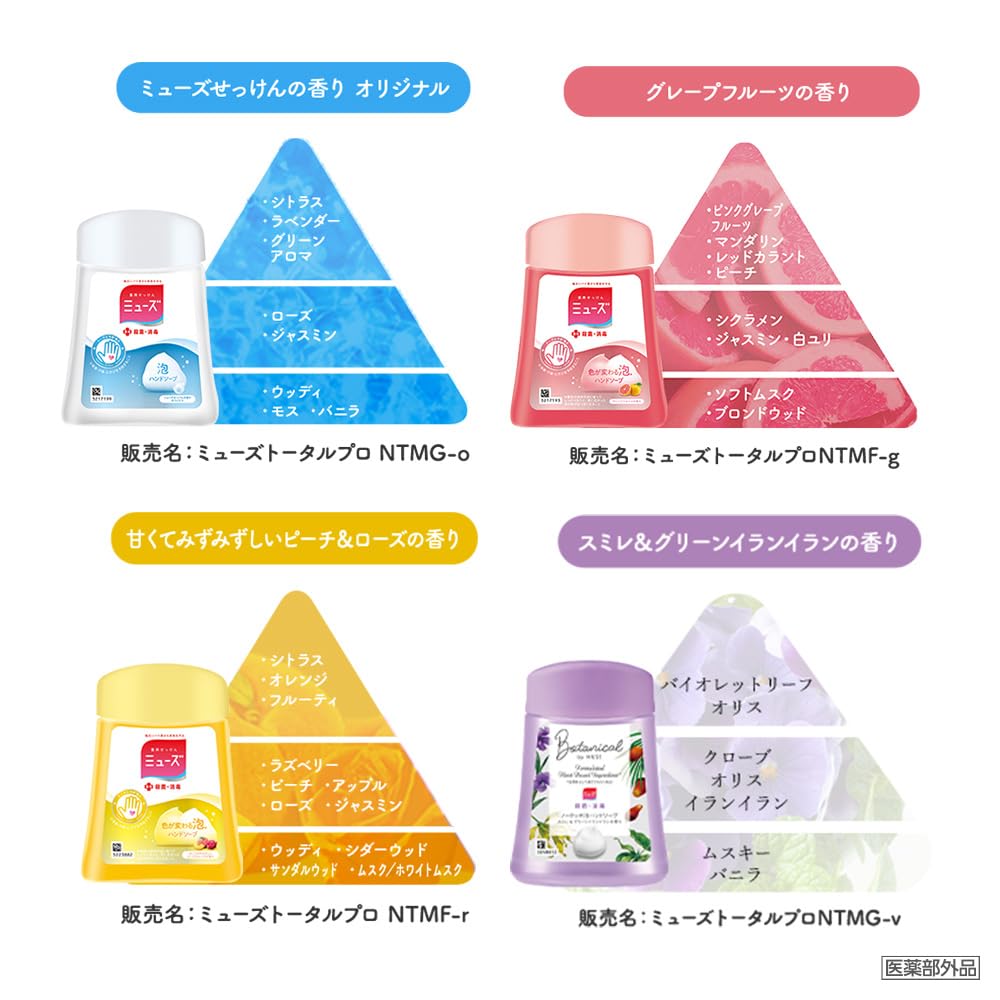 [Quasi-drug] MUSE Foaming Hand Soap Refillable Touchless Automatic Dispenser Variety Set of 4 (Original/Grapefruit/Peach & Rose/Botanical, 250ml each)