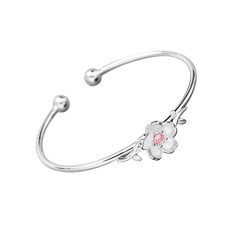 Romantic Flower Rhyme! Spring Style Cherry Blossom Opening Bracelet Is Elegant and Chic, Pink Diamond Embellishment Is Soft and Beautiful, Showing