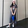 Letter-print Short-sleeved T-shirt, Loose Mid-length Knee-length Slit Dress