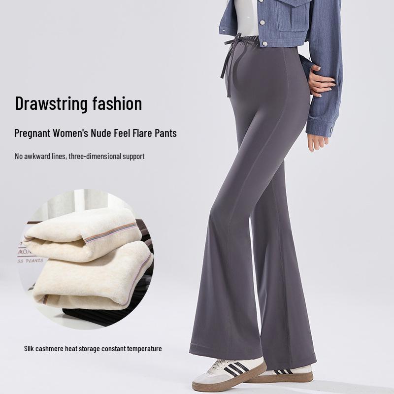 Winter Fleece-Lined Maternity Flare Pants with Abdominal Support and High Waist Design