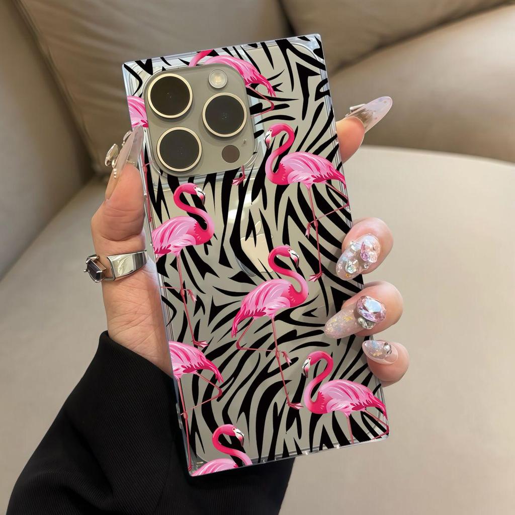 Clear Square Back Tube Case Protection For iPhone 13 11 12 15 Plus 16 ProMax 14 Pro Max Anti-Oxygen,Flamingos All Over Pattern Casing