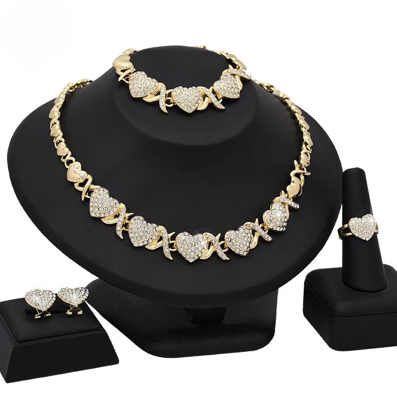 2026 Dubai 24K Heart Full Diamond Jewelry Set African Wedding Necklace Ring Earrings Bracelet Four-piece Set