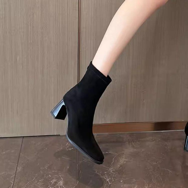 Gentle Short Boots Heighten Wind Thick Heel  Thin Lady Martin Boots Rear Zipper Square Head Suede