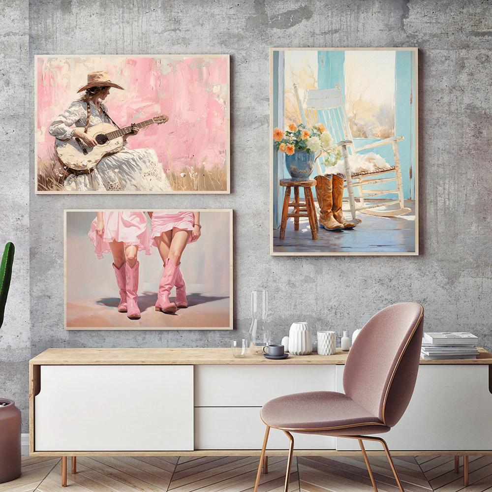 Boho Pustynny Kwiatowy Country Western Kowbojski Moda Różowy Artystyczny Retro Plakat Obrazy na Płótnie Sztuka Ścienna Obrazy Dekoracja Domu
