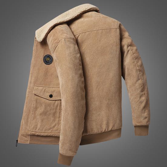 Men Cargo Jacket Solid Color Plush Lining Coldproof Autumn Winter Turndown Collar
