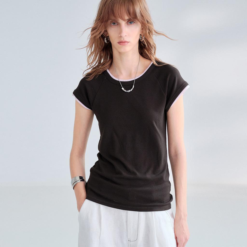 Cool Knitted Lyocell Linen T-Shirt Commuter Shirt Women's Summer Elastic Slim Short Sleeve Design Contrasting Top