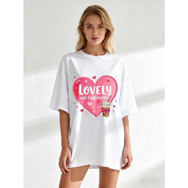 Oversized T Shirt Black Lovely And Caffeinated Heart Coffee Cup Print Casual Wear For Women Summer Outfit Trendy Graphic Tee