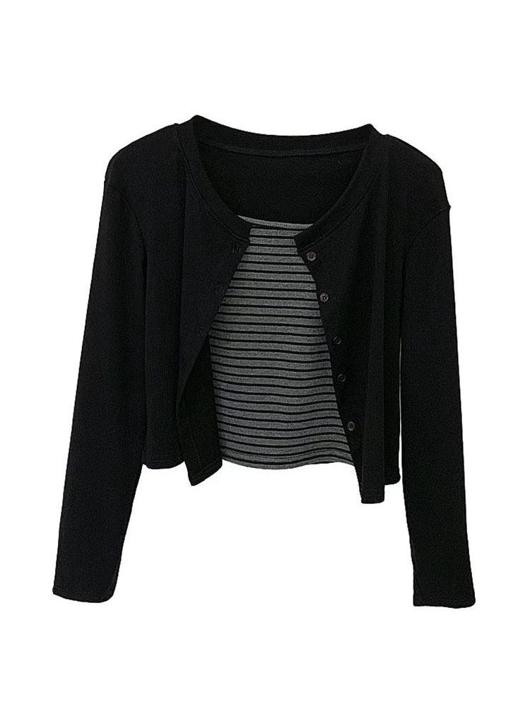 

Женский комплект из полосатого топа и черного кардигана на раннюю осень для горячей девушки M