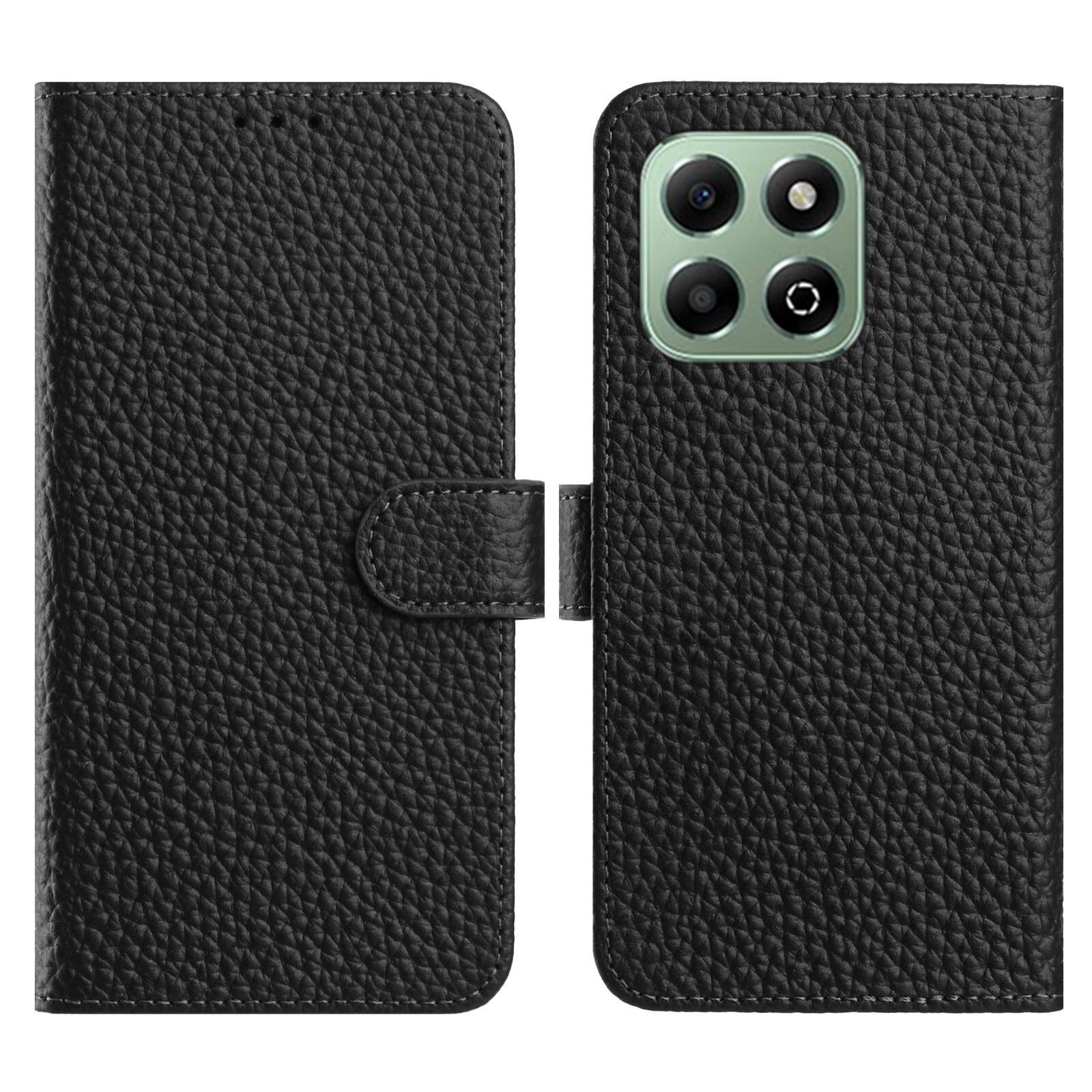 

For Honor 200 Smart 5G/X7c 4G Case Wallet Stand Litchi Texture Genuine Cow Leather Flip Phone Cover Black