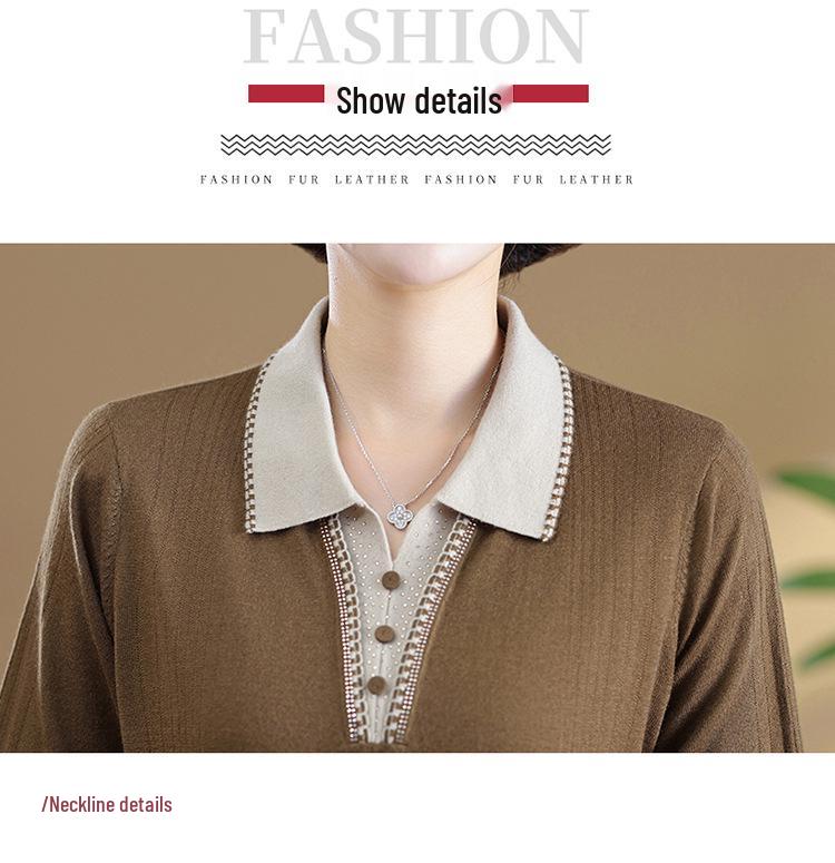 Autumn Long-Sleeve Knit Top for Middle-Aged Women, Lapel Shirt for 50s-60s, Base Layer Tee