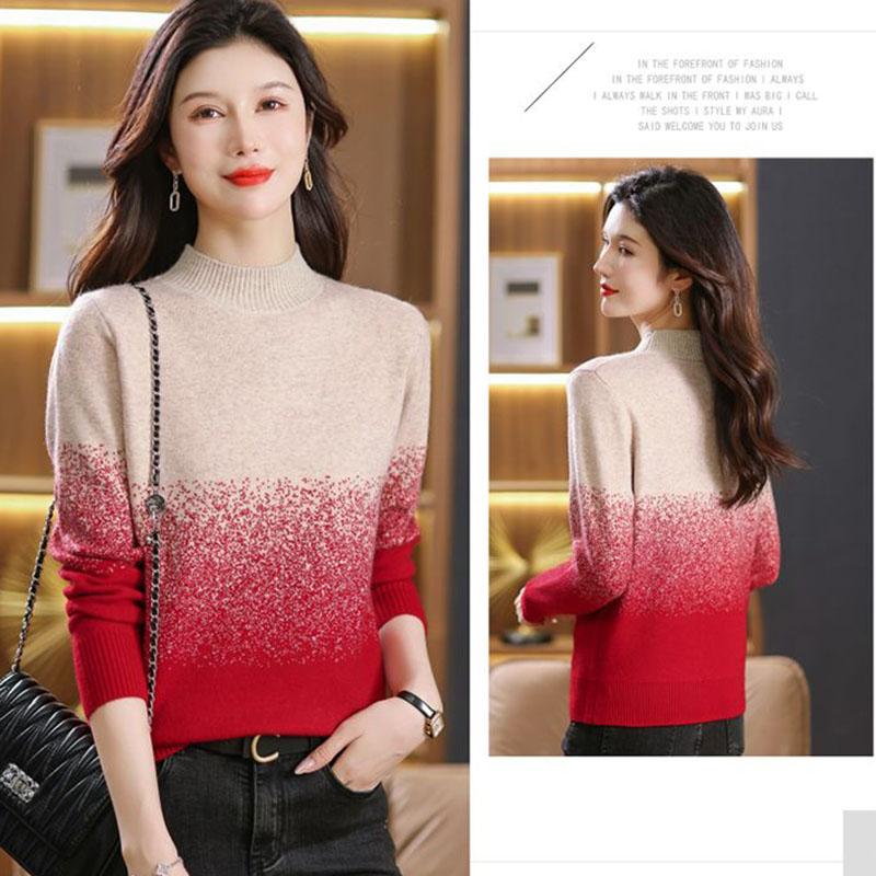 Women's Crew Neck Sweater Autumn and Winter Gradient Knit Pullover Loose Thick Knit Top